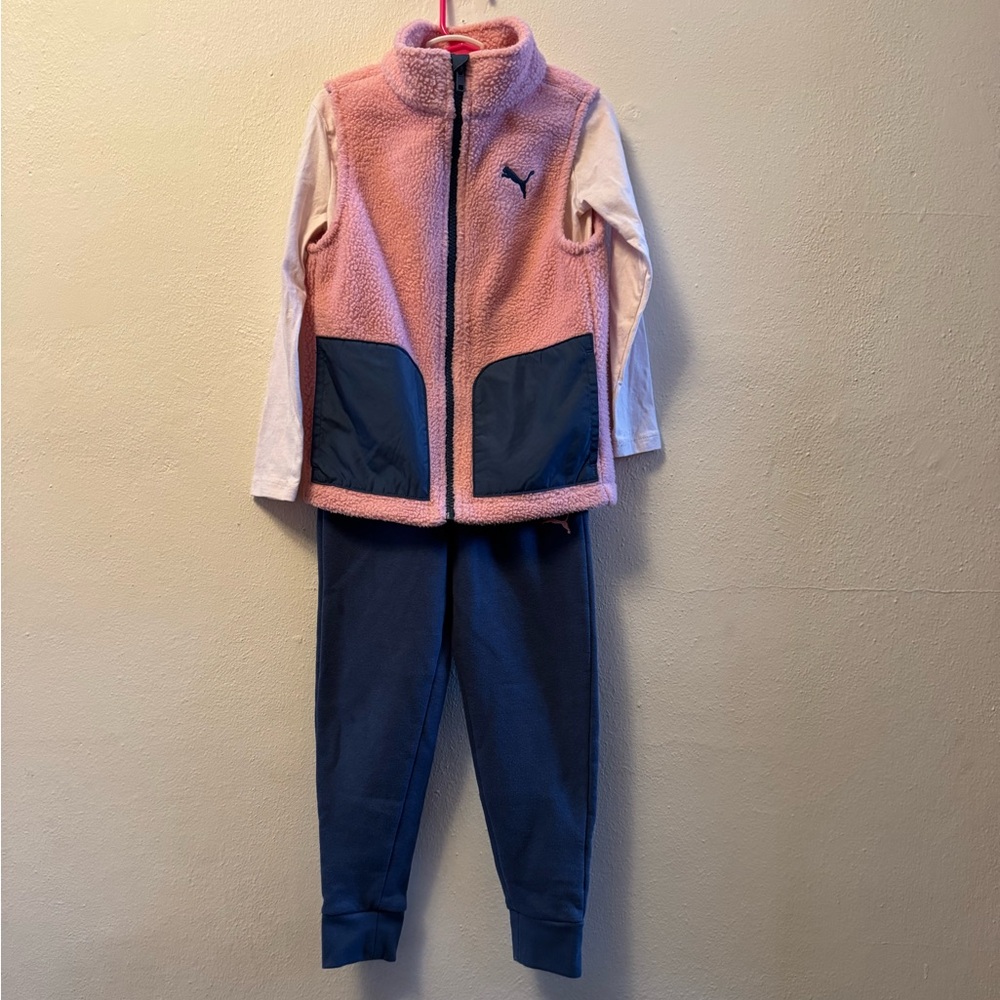 PUMA Kids Girls 3-Piece Sherpa Vest Jogger Set Pink Navy Size 6
